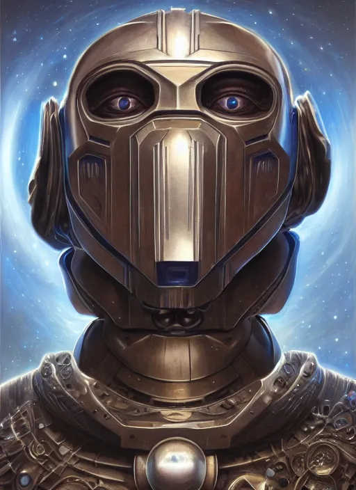 Image similar to holographic mf doom space eyes, metal cosmic skin. intricate, elegant, highly detailed, centered, digital painting, artstation, concept art, smooth, sharp focus, illustration, artgerm, tomasz alen kopera, peter mohrbacher, donato giancola, joseph christian leyendecker, wlop, frank frazetta