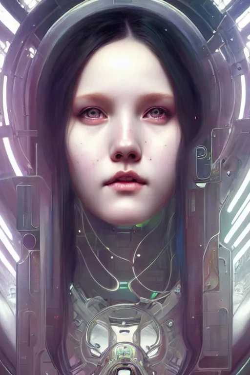 Image similar to portrait painting of olivia hye loona cyberpunk netrunner smiling, ultra realistic, concept art, intricate details, eerie, highly detailed, photorealistic, octane render, 8 k, unreal engine. art by artgerm and greg rutkowski and magali villeneuve and alphonse mucha