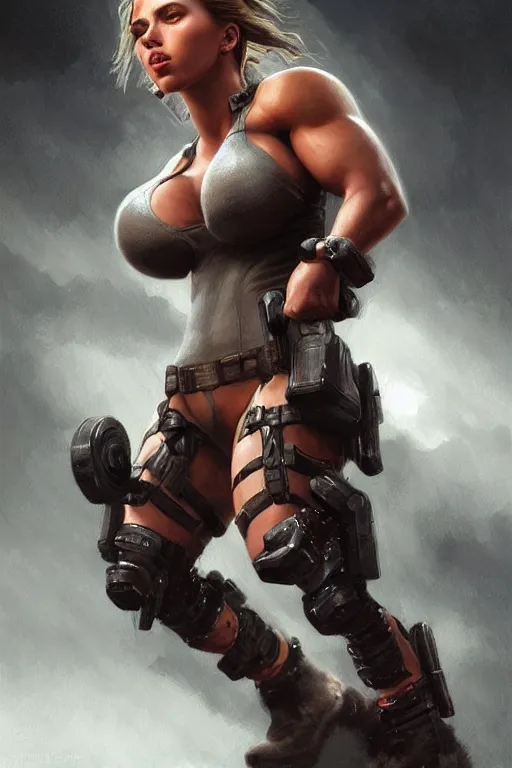 Prompt: detailed portrait of scarlett johansson as a thick female bodybuilder lara croft, attractive, beautiful, fantasy, intricate, elegant, highly detailed, digital painting, artstation, concept art, matte, sharp focus, illustration, art by aenaluck, artgerm and roberto ferri and greg rutkowski, epic fantasy, digital painting