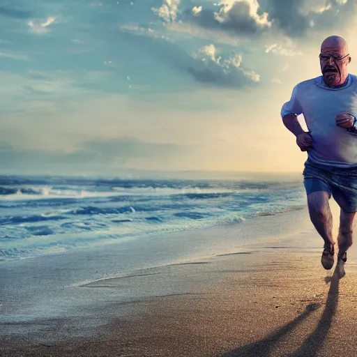 Image similar to Walter White running on the beach, artistic, 8k, cinematic, accurate, symetric, face, dramatic lighting, pastel colours