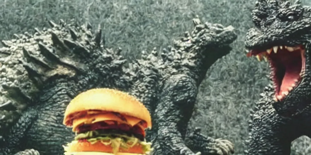 Image similar to photo of godzilla eating a giant pile of cheeseburgers with glee, funny, weird