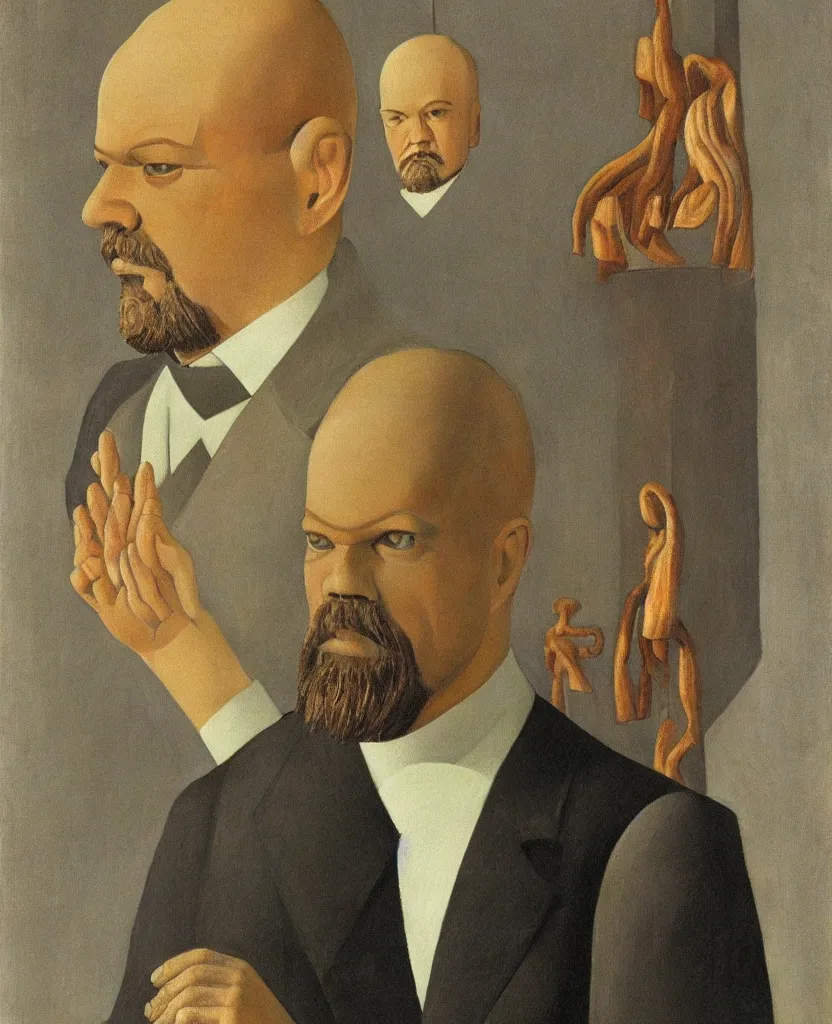 Image similar to The portrait of Vladimir Lenin as a humanoid fungi. Painted by Grant Wood