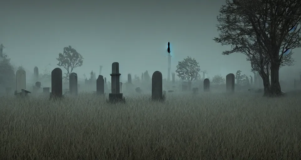 Image similar to Eerie cemetery landscape littered with tombstones, cinematic, rendered by zdzisław beksiński, simon stålenhag, rendered by Beeple, Makoto Shinkai, syd meade, environment concept, digital art, unreal engine, 3 point perspective, WLOP, trending on artstation, low level, 4K UHD image, octane render,