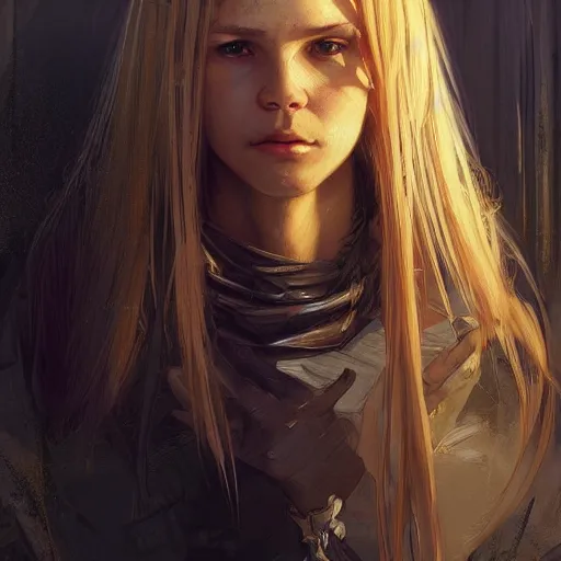 Image similar to portrait of a young thief in the slums of a fantasy city, dirty blonde hair, d & d, fantasy, joyful smirk, intricate, elegant, highly detailed, digital painting, artstation, concept art, matte, sharp focus, illustration, art by artgerm and greg rutkowski and alphonse mucha