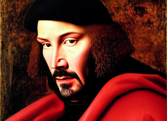 Image similar to portrait of keanu reeves, oil painting by jan van eyck, northern renaissance art, oil on canvas, wet - on - wet technique, realistic, expressive emotions, intricate textures, illusionistic detail