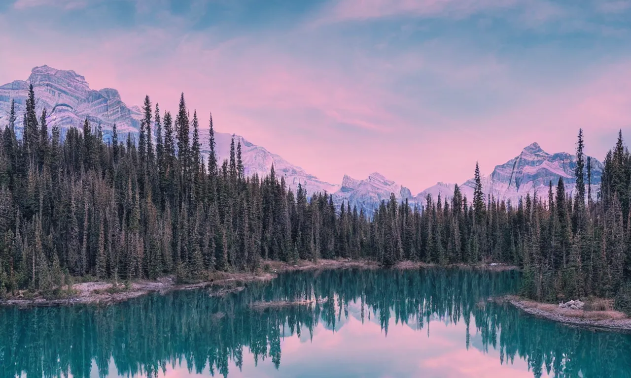 Prompt: dreamy landscape of canadian rockies, soft sunrise light over the mountain, reflective lake, pine trees, soft glow, natural lighting, pastel color scheme, artstation, 4 k, award - winning landscape photography