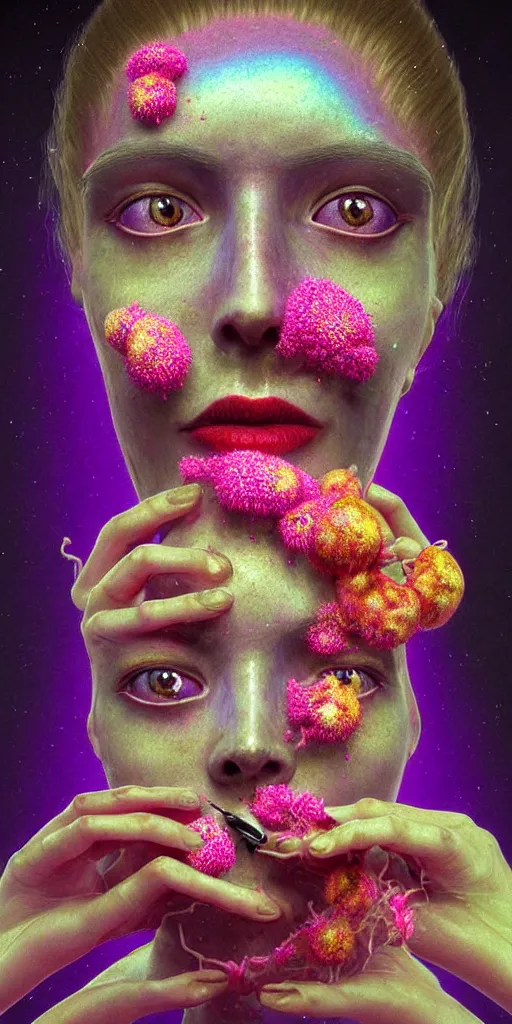 Image similar to hyper detailed 3d render like a Oil painting - portrait sculpt of Aurora (Singer) seen in mascara Eating of the Strangling network of yellowcake aerochrome and milky Fruit that covers her body and Her delicate Hands hold of gossamer polyp blossoms bring iridescent fungal flowers whose spores black the foolish stars by Jacek Yerka, Mariusz Lewandowski, Houdini algorithmic generative render, Abstract brush strokes, Masterpiece, Edward Hopper and James Gilleard, Zdzislaw Beksinski, Mark Ryden, Wolfgang Lettl, hints of Yayoi Kasuma, octane render, 8k