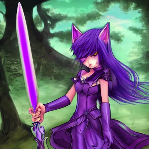 Prompt: purple catgirl with magic sword