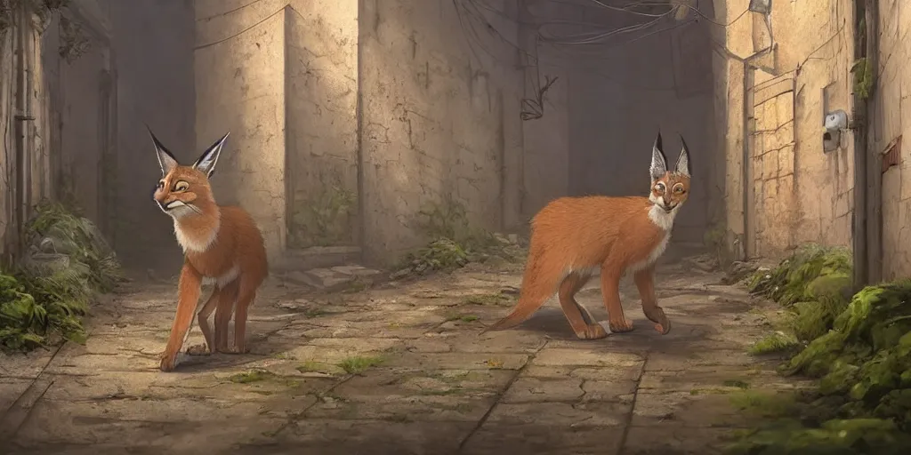 Image similar to a cute caracal in an abandoned alleyway, medium shot, waist up, studio Ghibli, Pixar and Disney animation, sharp, very detailed, high resolution, Rendered in Unreal Engine 5, anime key art by Greg Rutkowski, Bloom, dramatic lighting