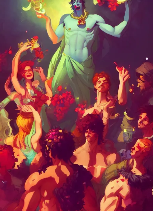 Prompt: Dionysus holding a party, in the Style of Artgerm and Charlie Bowater and Atey Ghailan and Mike Mignola, vibrant colors and hard shadows and strong rim light, Comic Cover Art, plain background, trending on artstation