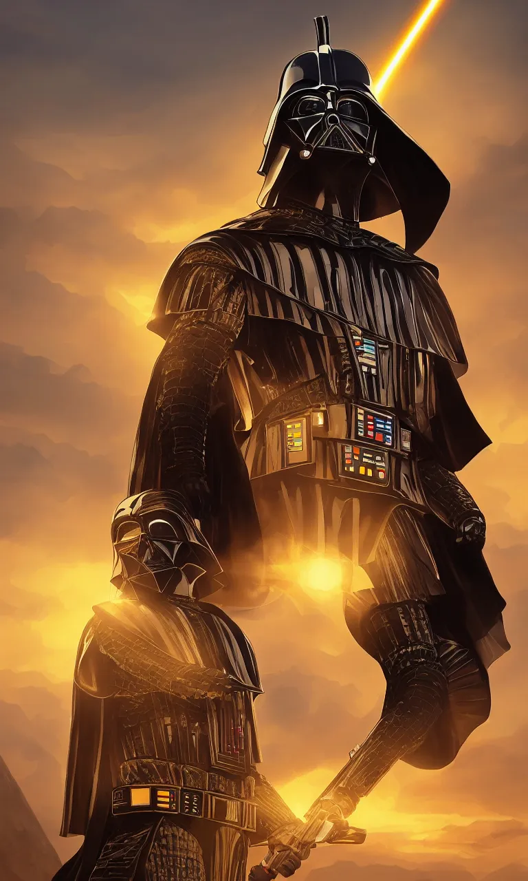 Prompt: A majestic full body character portrait of Darth Vader wearing gold Anubis Armor, golden sunset and pyramids in the background. Digital painting, ornate, very detailed, concept art, smooth, sharp focus, cinematic, cgsociety, artstation