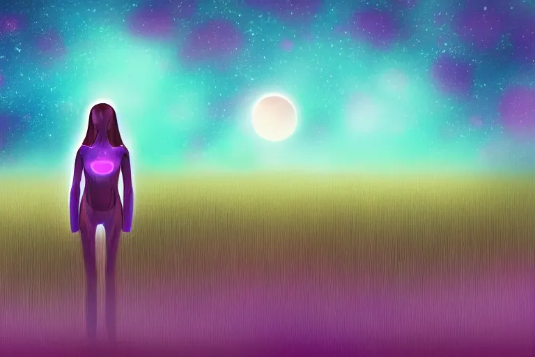 Image similar to a digital painting of a extraterrestrial alien female that's lost in a meadow, tall plants, purple lighting, night sky, glows, moonlight,