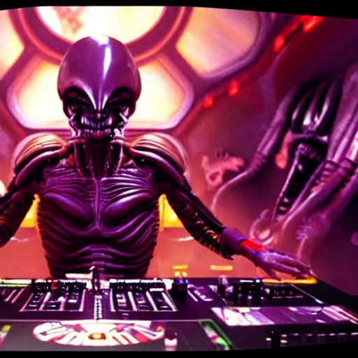 Prompt: Still film of Xenomorph playing DJ in Tomorrowland with lots of humans. Intricate. Elegant details. 4K