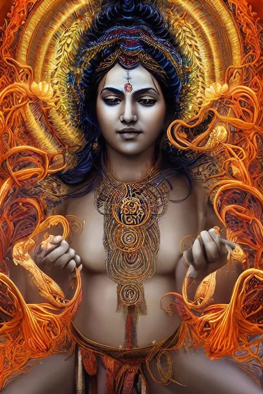 Image similar to an immaculate render of a dancing indian goddess adorned with leaves and cables and bird wings, dancing in a temple surrounded by wild tentacles made from mandalas and incense smoke, full body, perfect face, powerful, cinematic, beautifully lit, by artgerm, by karol bak, by android jones, 3 d, trending on artstation, octane render, 8 k