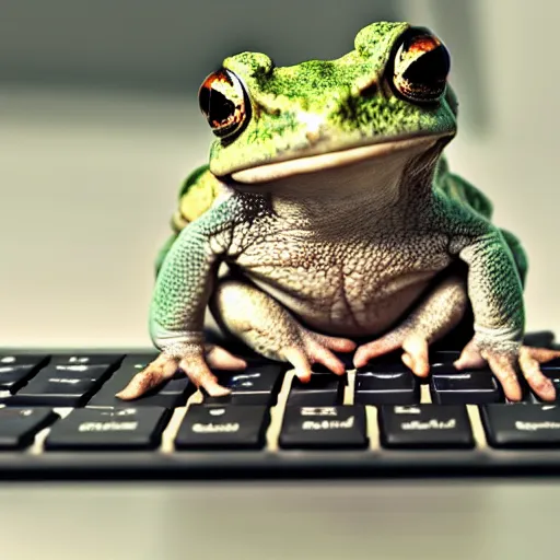 Prompt: a sad little toad typing on a computer