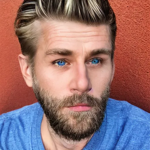 Prompt: close up of face of very handsome 4 0 year old slavic blond man with blond stubble, very short wavy blond hair in a short pompadour style, pale skin, very dark blue eyes, hairy shoulders, hairy chest, portrait, 4 k