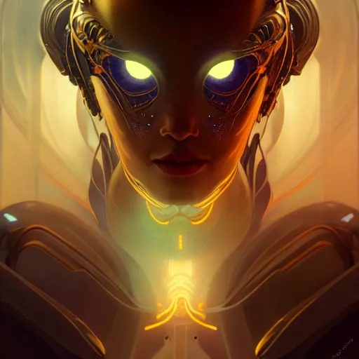 Prompt: hyper advanced cyborg alien ai, sci fi, glowing eyes, volumetric lights, gold theme, art nouveau botanicals, intricate, highly detailed, digital painting, artstation, concept art, smooth, sharp focus, cinematic, illustration, beautiful face, art by artgerm and greg rutkowski and alphonse mucha