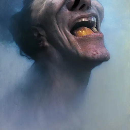 Image similar to hyperrealist portrait of a screaming head made of smoke by jeremy mann and alphonse mucha and alan lee, fantasy art, photo realistic, dynamic lighting, artstation, poster, volumetric lighting, very detailed faces, award winning