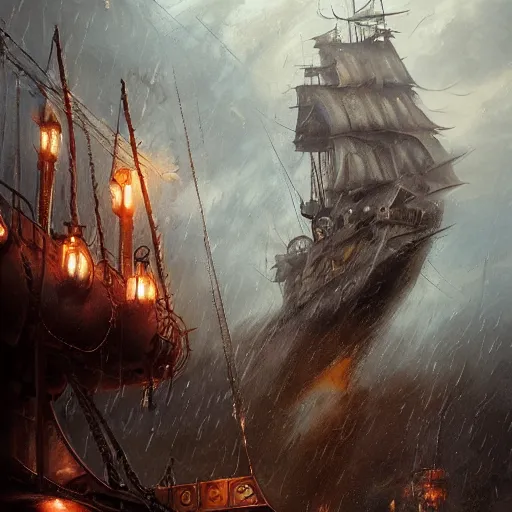 Prompt: johnny bravo steampunk pirate captain on an airship in a rainstorm, painted by seb mckinnon, high detail, digital art, painted by greg rutkowski, trending on artstation