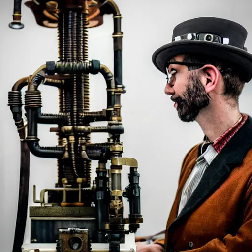 Prompt: A random pointless contraption ((steampunk)) industrial appliance pneumatic machine with no apparent purpose, being operated by a scholarly looking man with a clear directed gaze, XF IQ4, f/1.4, ISO 200, 1/160s, 8K, RAW, unedited, symmetrical balance, in-frame