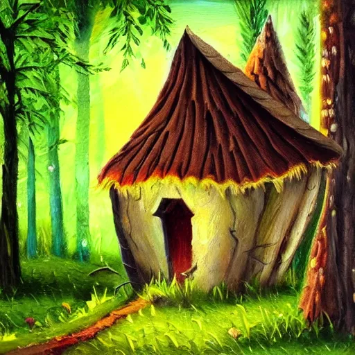 Prompt: tiny cute witch hut, hidden in beautiful forest, oil painting, natural colours