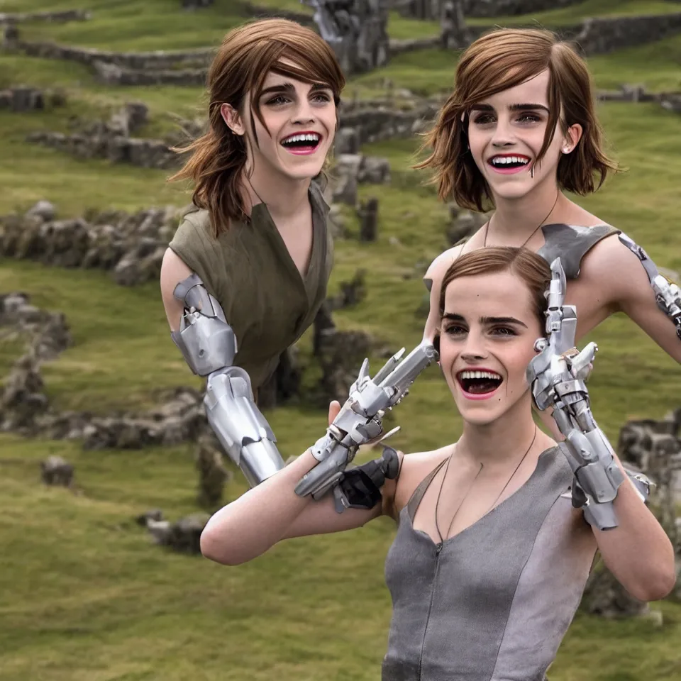 Image similar to Joyful!!! smiling Emma Watson wearing cyborg prosthetic in the style of Her (2013). Clear Hands. Clear body. Clear Clothes. Hobbiton as Background. Cinematic. Professional Photo. UHD. 8k. Clear Face.