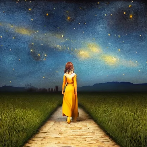 Prompt: most beautiful young face Gaelic woman walking under starry night, extremely detailed faces, photorealistic, cinematic