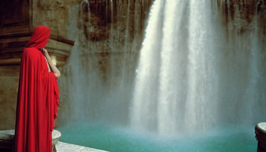 Prompt: 1 9 7 0 s movie still of socrate in red drapery in neoclassical building with waterfall and collums, cinestill 8 0 0 t 3 5 mm, high quality, heavy grain, high detail, panoramic, ultra wide lens, cinematic light, dramatic light, flares anamorphic