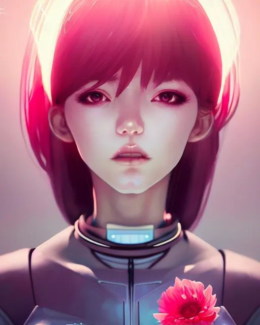 Image similar to perfect android girl, rose hair, cyborg, flowers, cinematic lighting, garden, beautiful girl, kim hyun joo, advanced technology, futuristic, art by ilya kuvshinov and akiko takase and eugene gottsnake and stanislav istratov and su fu and antoine collignon