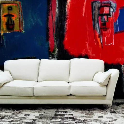 Prompt: A modern couch designed by Basquiat Realistic Photo, Advertising photography