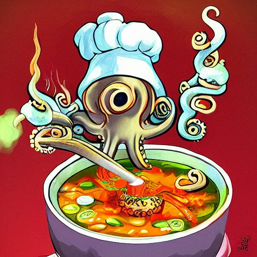 Image similar to occult anthropomorphic octopus chef cooking a delicious colorful soup, digital paintingl