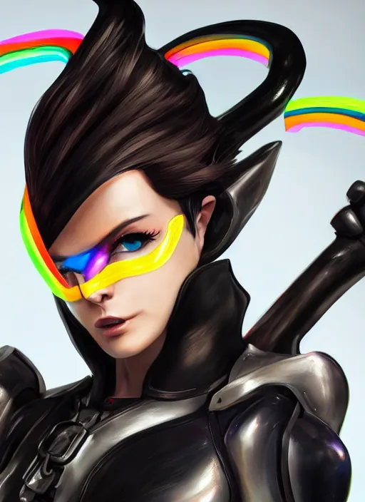 Image similar to hyperrealistic style portrait of tracer overwatch, confident pose, wearing black iridescent rainbow latex, rainbow, neon, 4 k, expressive happy smug expression, makeup, in style of mark arian, wearing detailed black leather collar, wearing sleek armor, black leather harness, expressive detailed face and eyes,