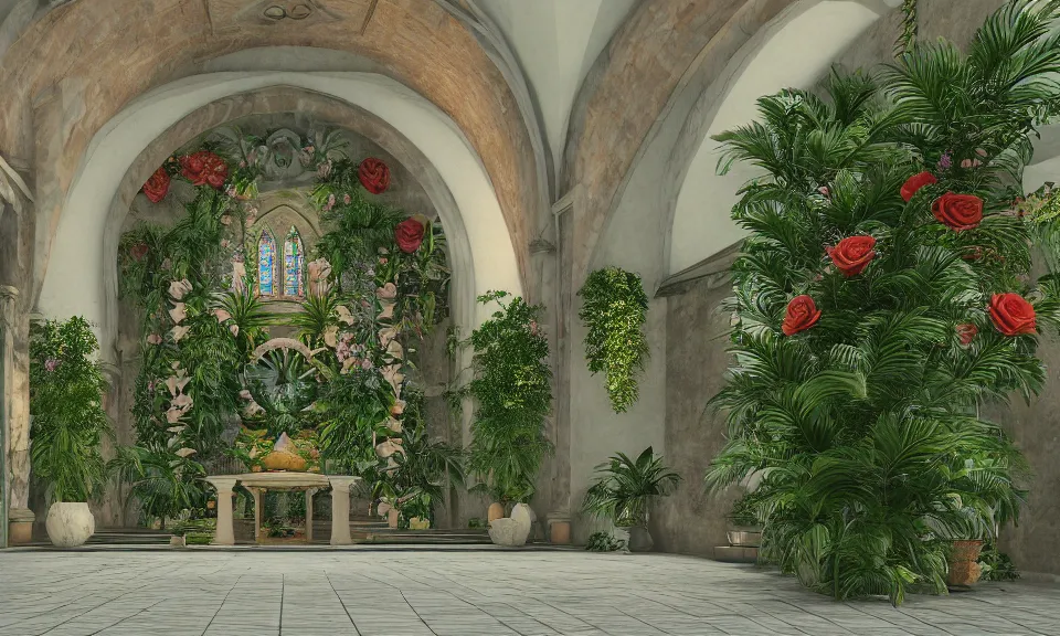 Image similar to cathedral interior with koi pond in the middle surrounded by palm trees, ivy, flowers, tropical plants, roses, and with archways. rendered in octane render with photorealistic lighting