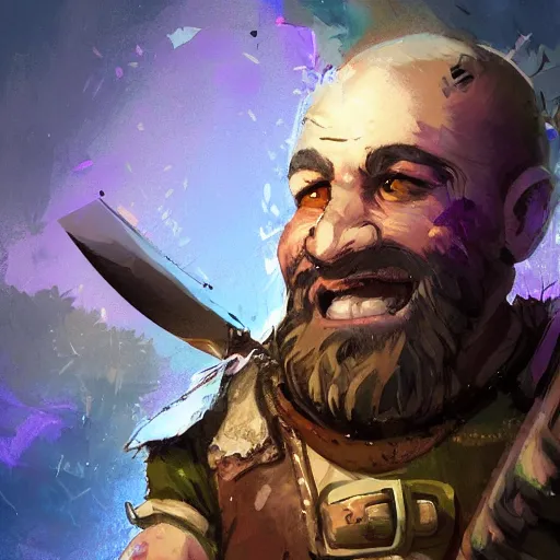 Image similar to male dwarf youth adventurer with purple skin, by Ismail Inceoglu, wearing leather adventuring clothes, shabby, short, kid, bald, wielding knife, happy grin, character portrait closeup, digital art, dungeons and dragon, character