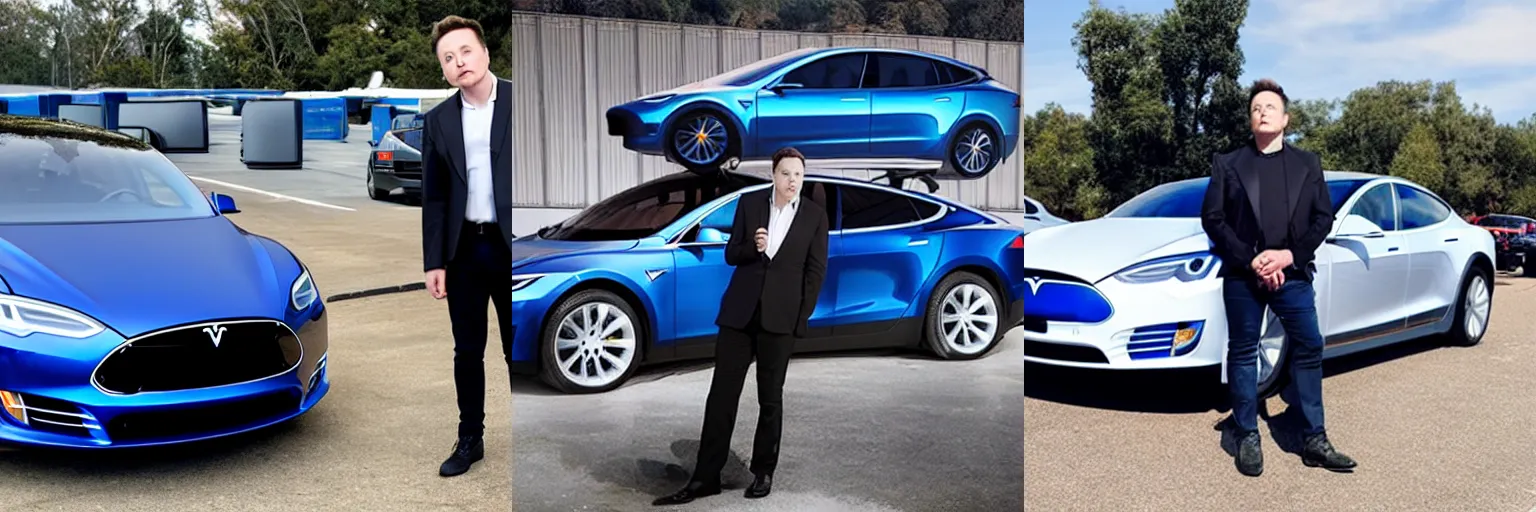 Prompt: a photo of Elon Musk standing on top of a blue Tesla at a parking lot