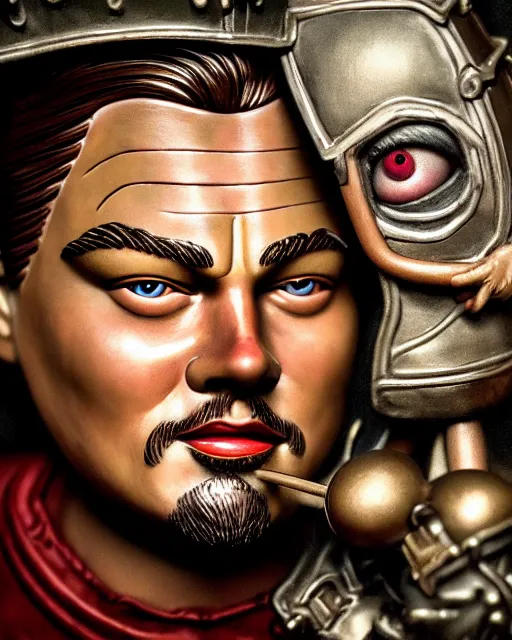 Image similar to highly detailed closeup, face profile portrait of a tin toy leonardo dicaprio as a medieval demon with horns eating cakes in a castle, hyper realistic, artstation, illustration, nicoletta ceccoli, mark ryden, lostfish, dan decarlo, bob clampett, max fleischer, digital paint, matte paint, vivid colors, detailed and intricate environment