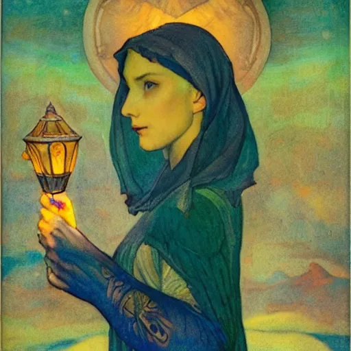 Image similar to the twilight queen with her lantern, by Annie Swynnerton and Nicholas Roerich, bioluminescent skin, tattoos, elaborate costume, geometric ornament, symbolist, smooth, sharp focus, extremely detailed