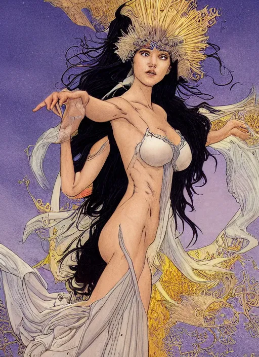 Image similar to dramatic ethereal full length illustration of Phoebe Cates in the art style of Eric Fortune and Rebecca Guay, full slim body, full dressed, not realistic, sharp focus, 8k high definition, insanely detailed, intricate, elegant