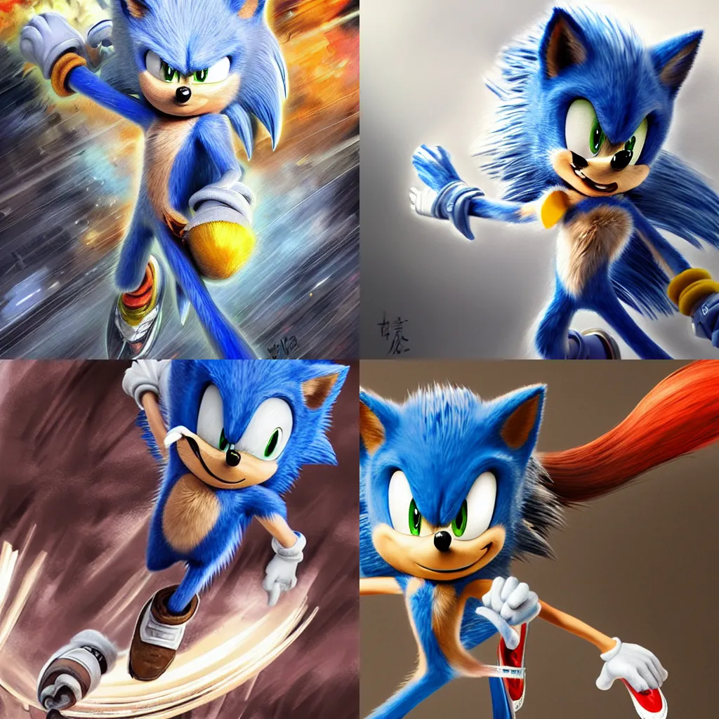 Prompt: dynamic composition, motion, ultra-detailed, incredibly detailed, a lot of details, amazing fine details and brush strokes, colorful and grayish palette, smooth, HD semirealistic anime CG concept art digital painting, watercolor oil painting of sonic the hedgehog, by a Chinese artist at ArtStation, by Huang Guangjian, Fenghua Zhong, Ruan Jia, Xin Jin and Wei Chang. Realistic artwork of a Chinese videogame, gradients, gentle an harmonic grayish colors