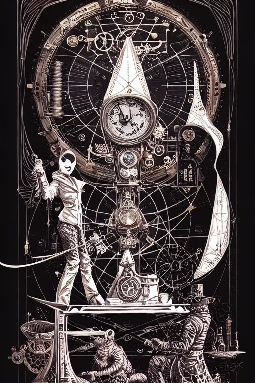 Image similar to a majestic steampunk alchemists weighing scale, furniture, high details, bold line art, by vincent di fate and joe fenton, inking, etching, screen print, masterpiece, trending on artstation, sharp, high contrast, hyper - detailed,, hd, 4 k, 8 k