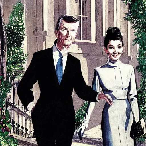 Image similar to illustration of Hubert de givenchy and Audrey Hepburn talking a walk highly detailed, cinematic