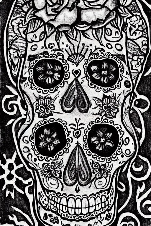 Prompt: Illustration of a sugar skull day of the dead girl, art by m c escher