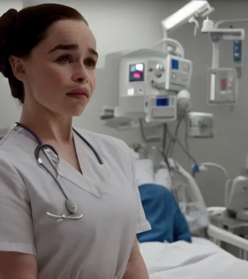 Image similar to emilia clarke as a nurse in a hospital, thicc detailed body, seductive eyes, wall lighting, healthcare setting