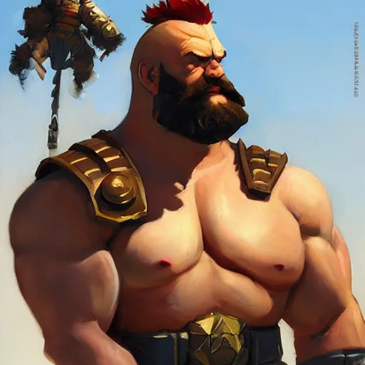 Image similar to greg manchess portrait painting of armored zangief from street fighter as overwatch character, medium shot, asymmetrical, profile picture, organic painting, sunny day, matte painting, bold shapes, hard edges, street art, trending on artstation, by huang guangjian and gil elvgren and greg rutkowski