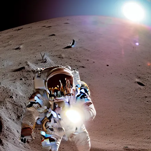 Image similar to two astronauts on the moon looking down at the camera, fish-eye lens, 15mm