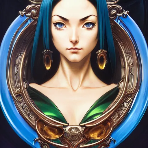 Image similar to intricately detailed vfx portrait of nico robin by eiichiro oda!, makoto shinkai, alphonse mucha, art by artgerm and greg rutkowski!, blue eyes!!, large aquiline nose!!, best of behance, concept art, matte, sharp focus, adolphe bouguereau, annie leibovitz, stanley kubrick,