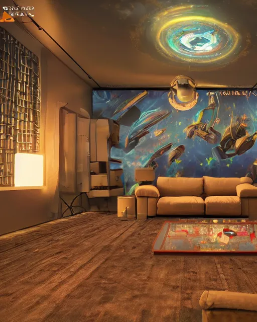 Image similar to artstation scifi scene of a safe room as ikea ad, lounge furniture, carpeted floor, sky mural on the room ceiling, holographic nature art walls, large terrarium, paneled walls, unreal engine 5, hyper realism, realistic shading, cinematic composition, blender render, octane render, hdr, detailed textures, photorealistic, wide shot