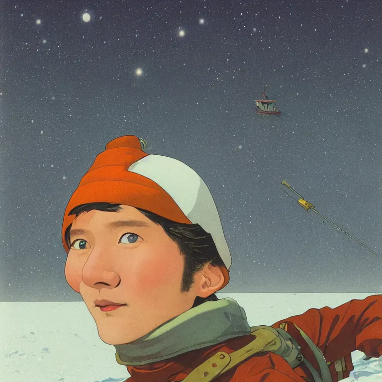 Prompt: a closeup portrait of a young siberian sailor sucking a blotter paper of lsd acid and dreaming psychedelic hallucinations in the vast icy landscape of antarctica, by kawase hasui, moebius and edward hopper, colorful flat surreal design, hd, 8 k, artstation