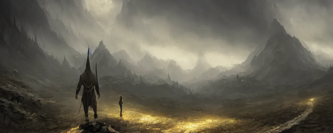 Image similar to a dark wizard as the subject of a landscape artwork where he is walking along an old path leading up to a mountain in the background, the sky is dark and gold, and the mood of this artwork is dull, very detailed concept art, matte painting, digital art, concept art, realistic beautiful, trending on artstation, greg rutkowski