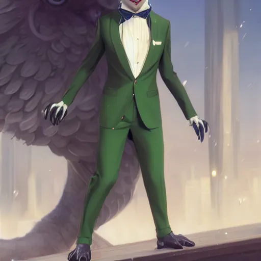 Image similar to a half human half owl creature wearing a green tuxedo suitCharacter design by charlie bowater, ross tran, artgerm, and makoto shinkai, detailed, inked, western comic book art, 2021 award winning painting,digital art,ultra realistic,ultra detailed,art by greg rutkowski,hyperdetailed,photorealistic